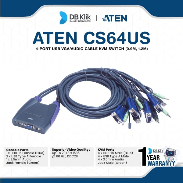 Aten CS64US 4-Port Usb Vga/Audio Cable KVM Switch (0.9m, 1.2m)
