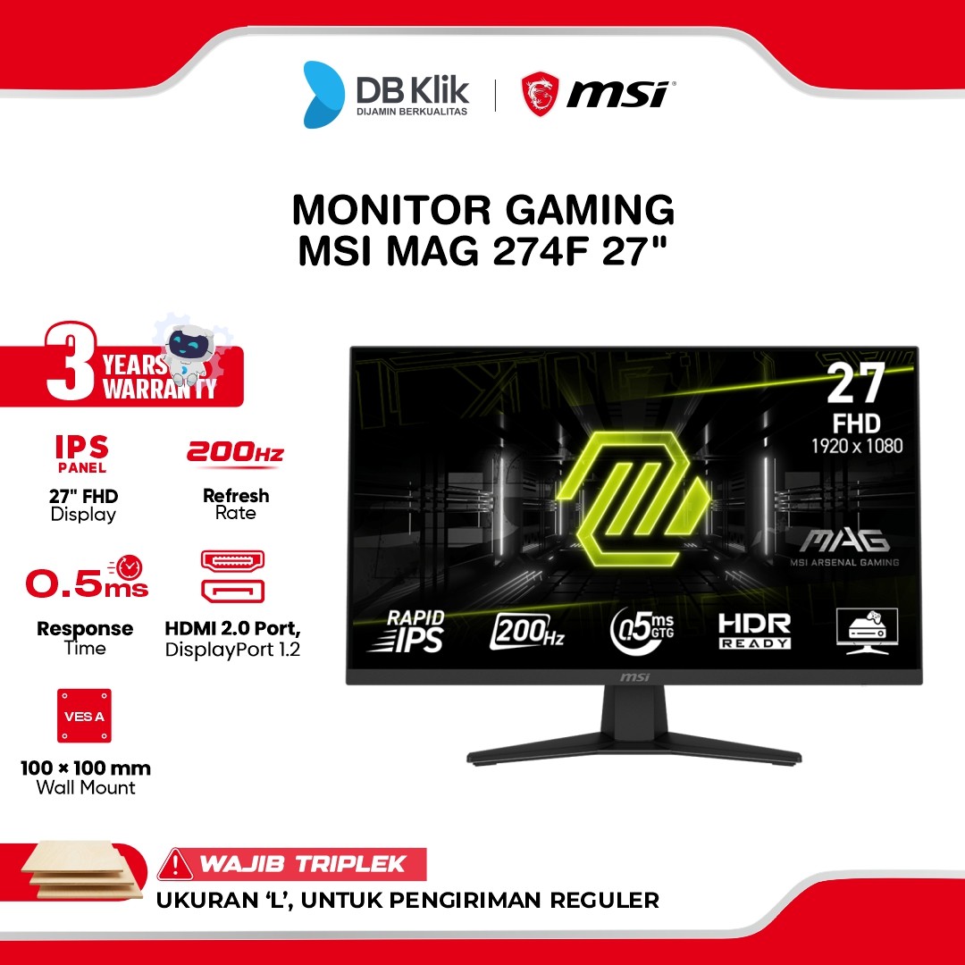 Monitor Gaming MSI MAG 274F 27" FHD Rapid IPS 200Hz 0.5ms Adaptive Sync HDR Ready HDMI DP