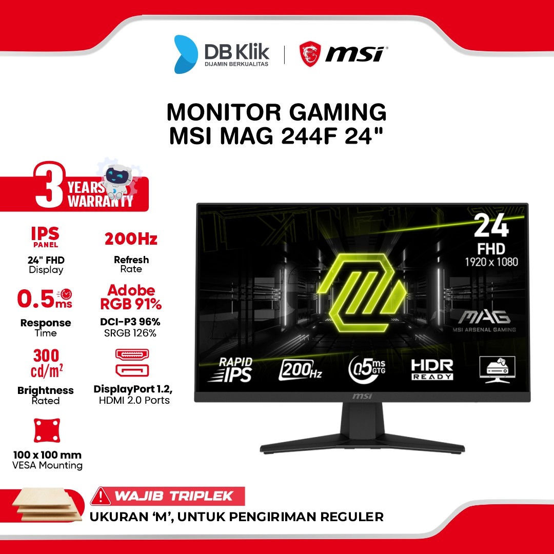 Monitor Gaming MSI MAG 244F 24" FHD Rapid IPS 200Hz 0.5ms AMD FreeSync HDR Ready HDMI DP