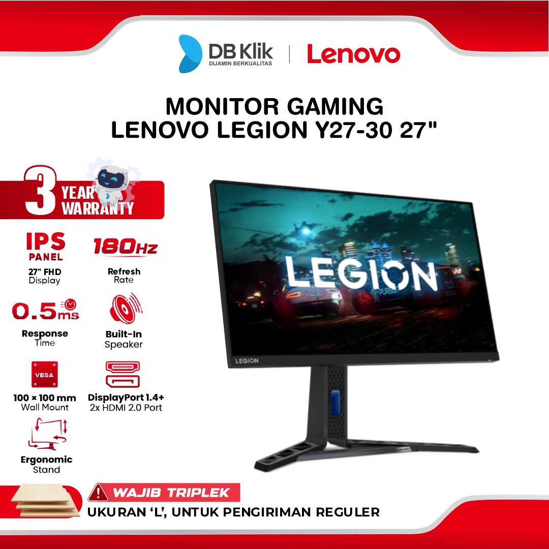 Monitor Gaming LENOVO Legion Y27-30 27" FHD IPS 180Hz 0.5ms AMD FreeSync Adaptive Sync Build In Speaker Full Ergonomic Stand HDMI DP