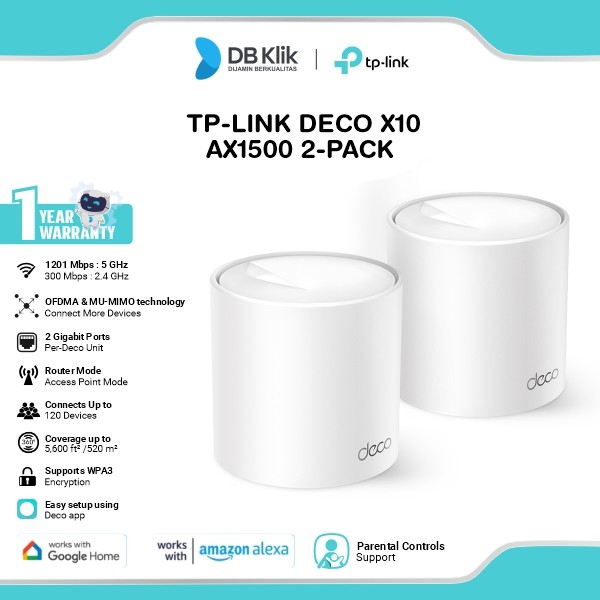 Whole Home Mesh Wi-Fi TP-Link DECO X10 Wi-Fi 6 Dual Band 2.4GHz and 5GHz AX1500 Gigabit Ports ( 2-Pack )