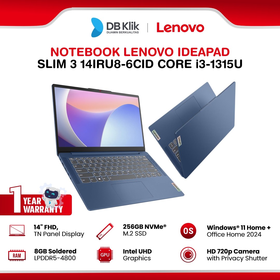 Notebook LENOVO Ideapad Slim 3 14IRU8-6CID INTEL Core i3-1315U 8GB DDR5/256GB M.2 NVMe INTEL UHD Windows 11 Home + Microsoft Office Home Student 2024 14" FHD - Abyss Blue
