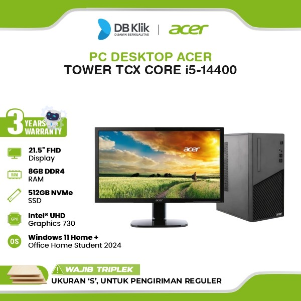 Acer Tower TCX PC Desktop INTEL Core i5-14400 8GB DDR4/512GB M.2 NVMe INTEL UHD Windows 11 Home + Microsoft Office Home Student 2024 with LED Monitor Acer V 21.5" FHD