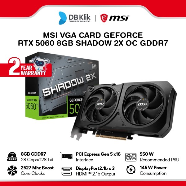 MSI VGA Card GeForce RTX 5060 8GB SHADOW 2X OC GDDR7 - VGA RTX 5060