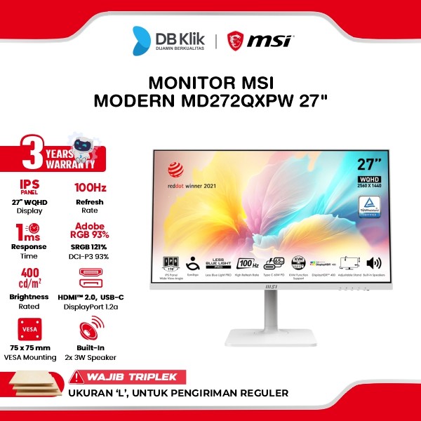 Monitor MSI Modern MD272QXPW 27" 2K WQHD IPS 100Hz 1ms Adaptive Sync HDR400 Built In Speaker Full Ergonomic Stand HDMI USB-C DP