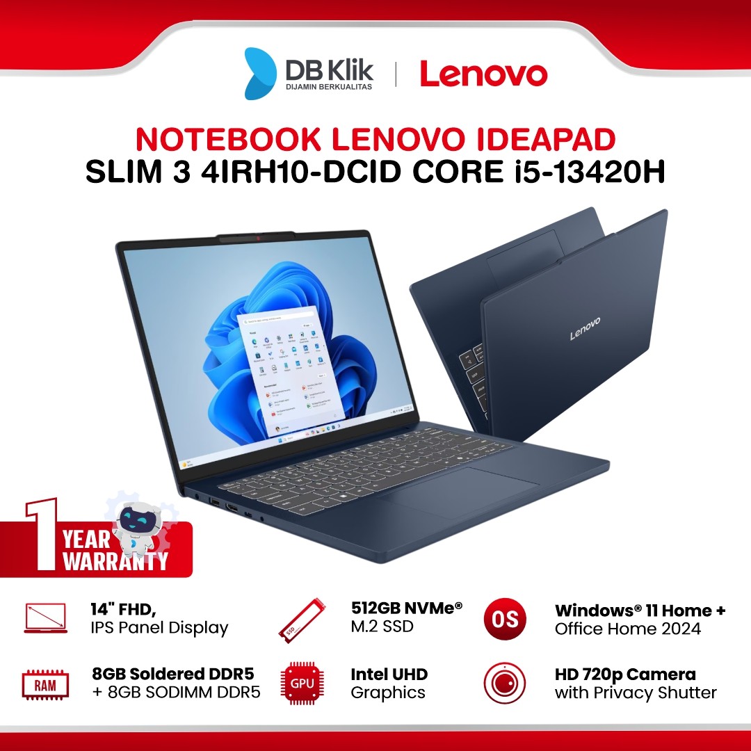 Notebook LENOVO Ideapad Slim 3 14IRH10-DCID INTEL Core i5-13420H 16GB DDR5/512 M.2 NVMe INTEL UHD Windows 11 Home + Microsoft Office Home Student 2024 14" FHD IPS - Cosmic Blue