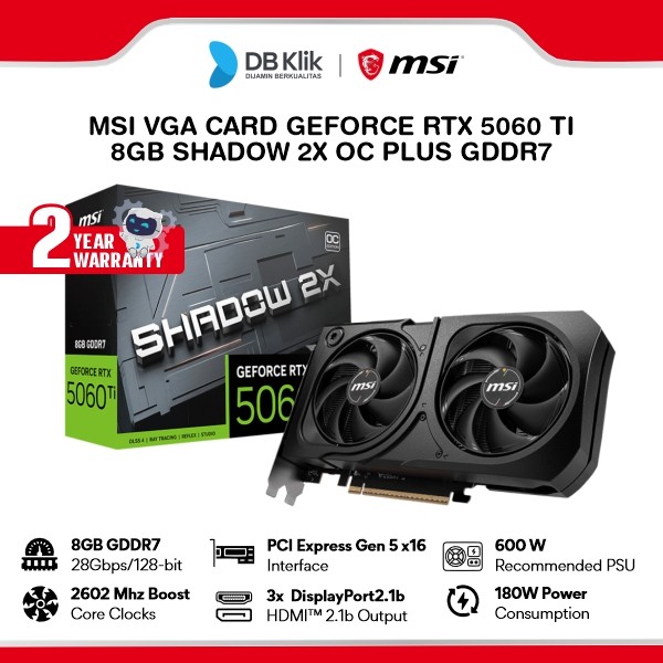 MSI VGA Card GeForce RTX 5060 Ti 8GB SHADOW 2X OC PLUS GDDR7 - VGA RTX 5060 Ti