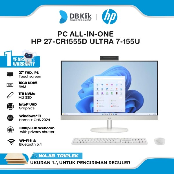 HP 27-CR1555D PC AIO INTEL Core Ultra 7-155U 16GB DDR5/1TB M.2 NVMe Intel UHD Windows 11 Home + Microsoft Office Home 2024 27" IPS FHD TouchScreen - White
