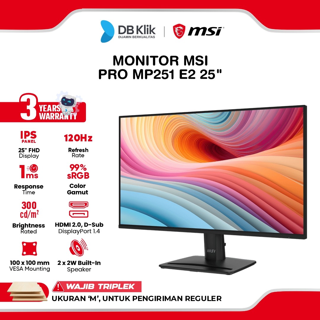 Monitor MSI PRO MP251 E2 25" FHD IPS 120Hz 1ms Adaptive Sync Built in Speaker HDMI DP VGA