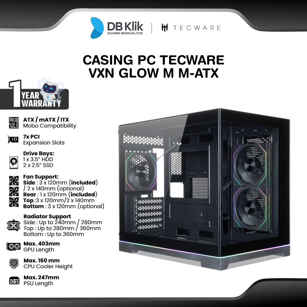 Casing PC Tecware VXN Glow M M-ATX Pre-Installed 3 Fan - Black