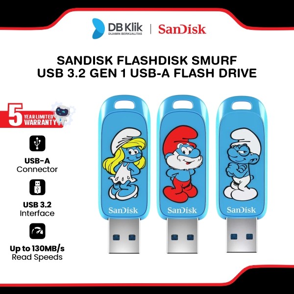SanDisk Flashdisk Smurf 64GB/128GB/256GB USB 3.2 Gen 1 USB-A Flash Drive