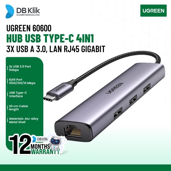 Usb Hub Adapter UGreen USB-C to 3x USB A 3.0, LAN RJ45 Gigabit (60600)