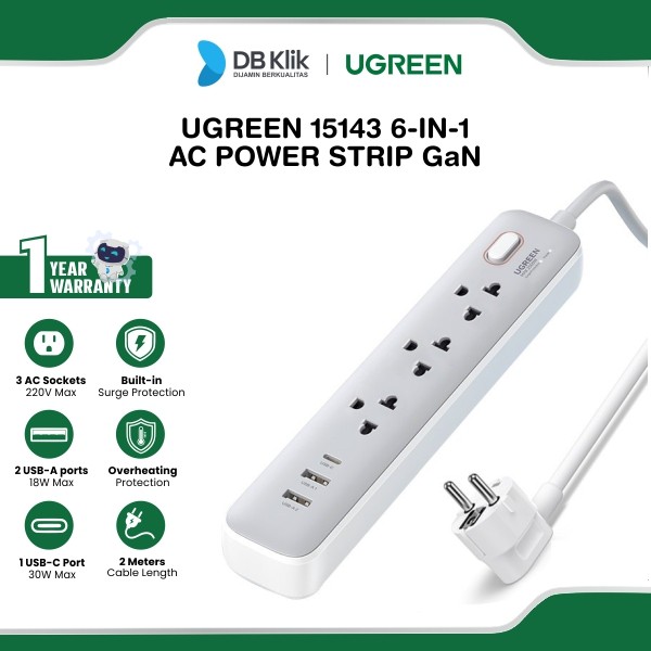 Power Strip UGreen 3x AC 2x USB A 1x USB C GaN 30W - Stop Kontak 15143