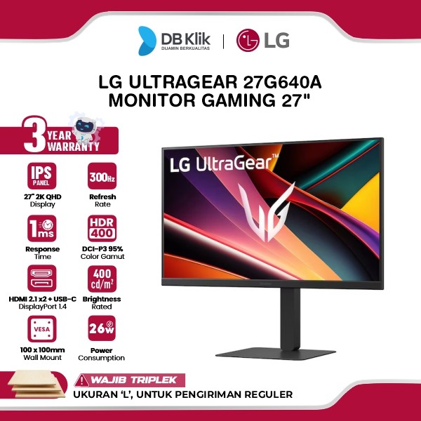LG UltraGear 27G640A Monitor Gaming 27" IPS 2K QHD 300Hz 1ms AMD FreeSync + NVIDIA G-Sync HDR400 Built in Speaker Full Ergonomic Stand HDMI USB-C DP