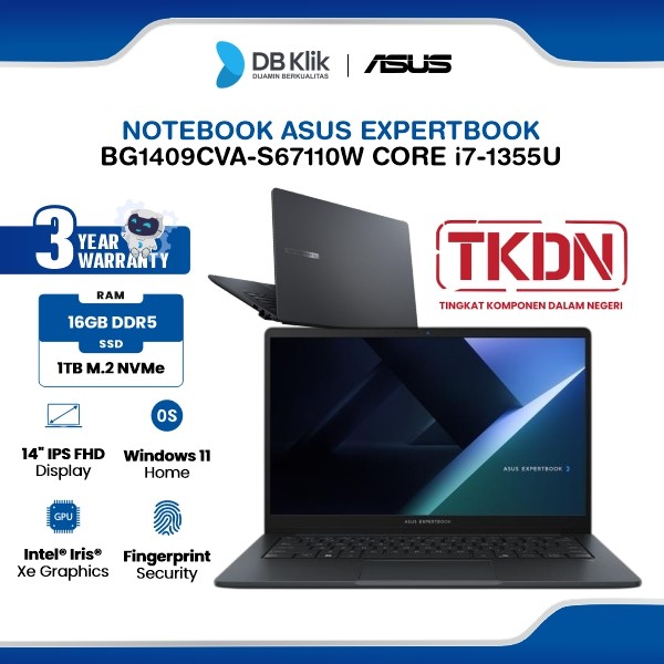 Notebook ASUS Expertbook BG1409CVA-S67110W INTEL Core i7-1355U 16GB DDR5/1TB M.2 NVMe INTEL Iris Xe Windows 11 Home 14" IPS FHD TKDN