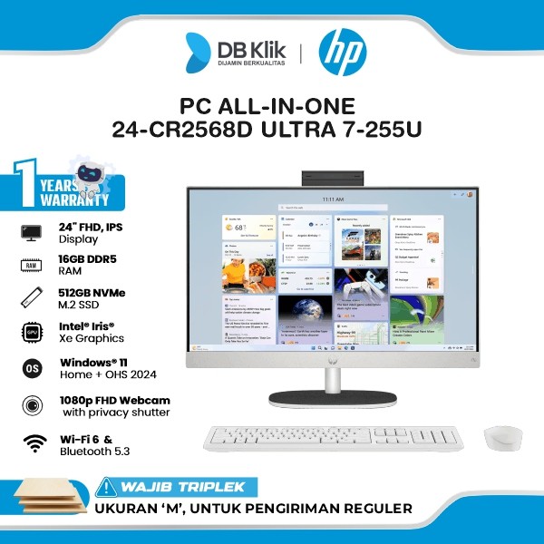 PC AIO HP 24-CR2568D INTEL Core Ultra 7-255U 16GB DDR5/512GB M.2 INTEL Iris Xe Windows 11 Home + Microsoft Office Home Student 2024 24" IPS FHD - White