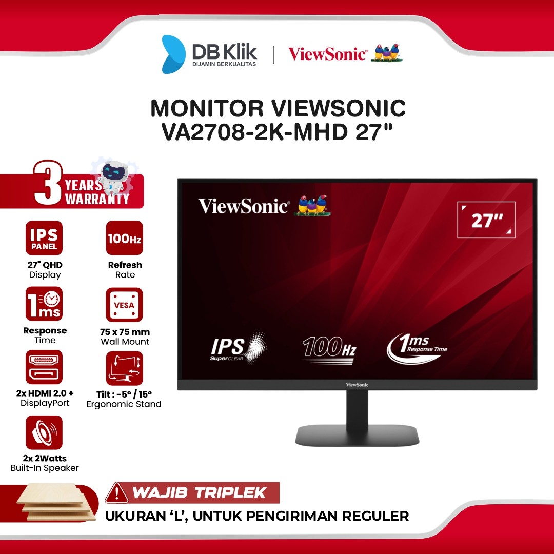Monitor VIEWSONIC VA2708-2K-MHD 27" 2K QHD IPS 100Hz 1ms Built in Speaker HDR 10 HDMI DP