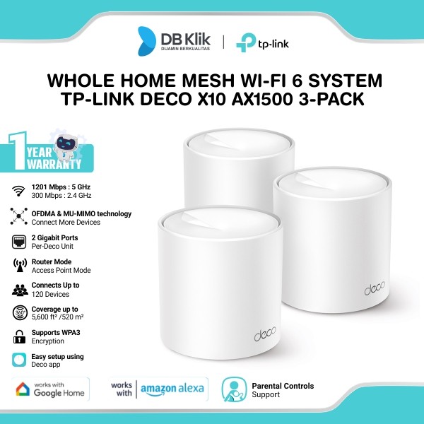 Whole Home Mesh Wi-Fi TP-Link DECO X10 Wi-Fi 6 Dual Band 2.4GHz and 5GHz AX1500 Gigabit Ports ( 3-Pack )