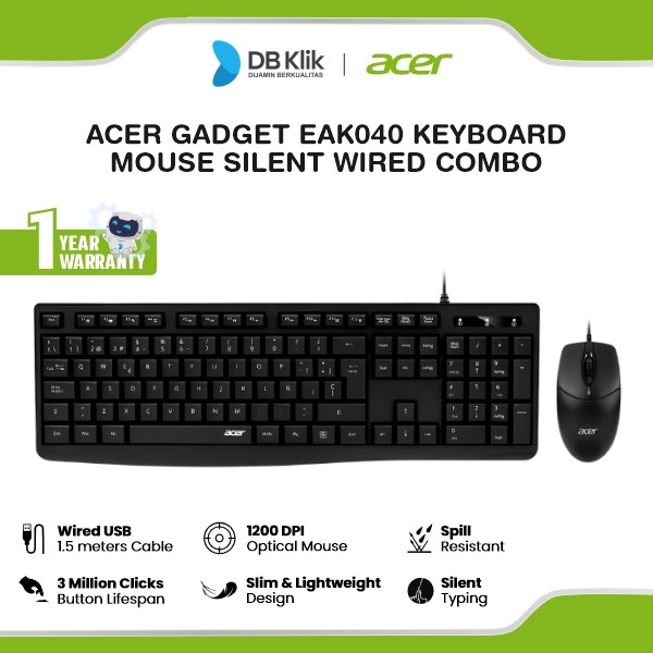 Acer Gadget EAK040 Keyboard Mouse Silent Wired Combo
