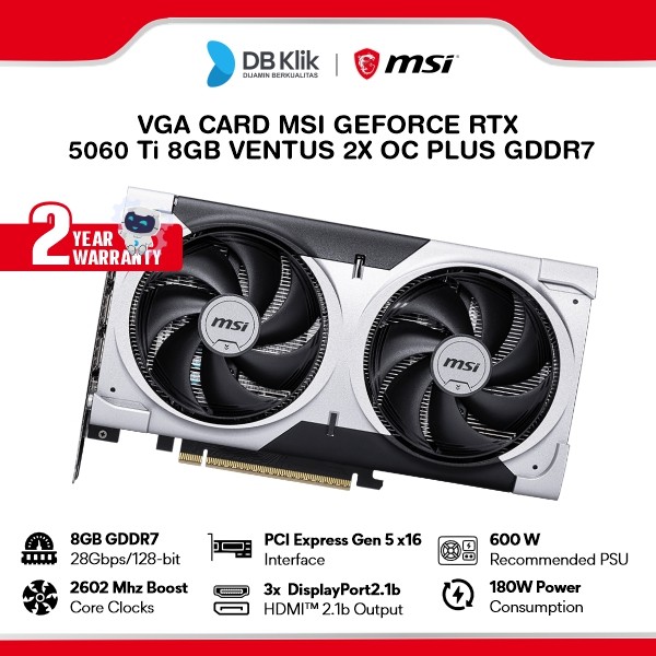 MSI VGA Card GeForce RTX 5060 Ti 8GB VENTUS 2X OC PLUS GDDR7 - VGA RTX 5060 Ti