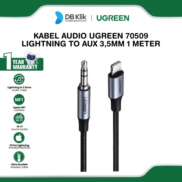 Kabel Audio UGreen Lightning to Aux 3,5mm Male MFI Braided 1Meter - Black (70509)