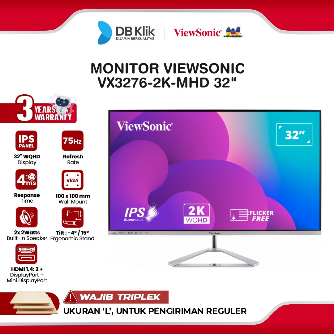 Monitor VIEWSONIC VX3276-2K-MHD 32" QHD IPS 75Hz 4ms Built in Speaker HDMI DP MINI DP