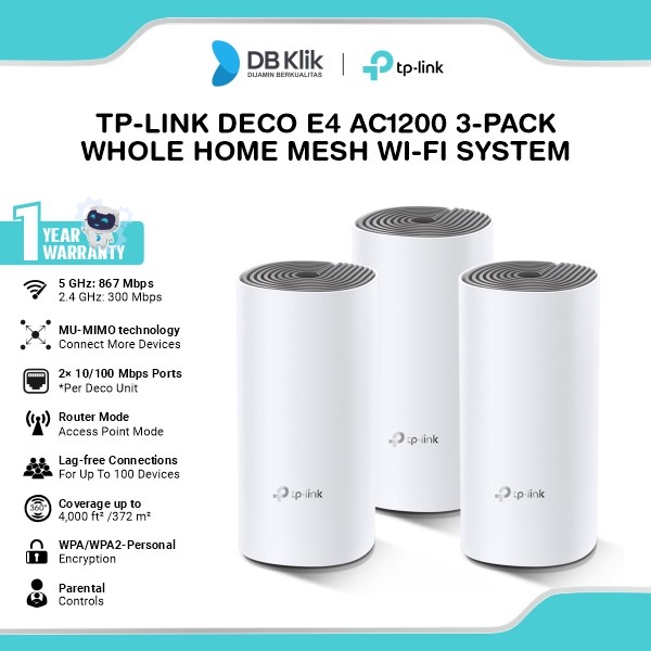 TP Link DECO E4 AC1200 Whole Home Mesh Wi-Fi System - TPLink DECO E4 - 3-PACK
