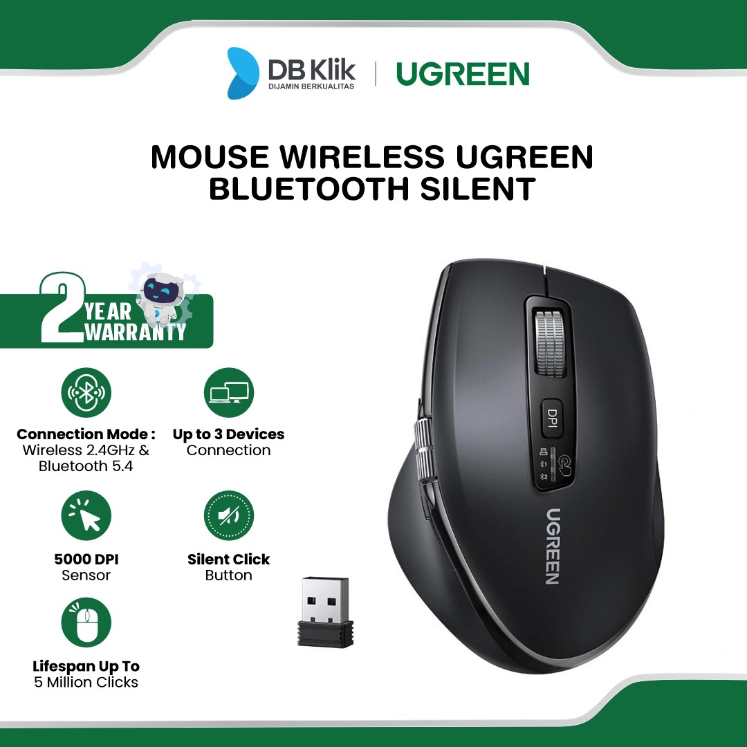 Mouse UGreen Wireless Bluetooth 5000DPI Silent Click Ergonomic - Black (45792)
