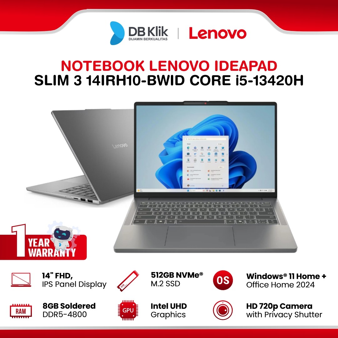 Notebook LENOVO Ideapad Slim 3 14IRH10-BWID INTEL Core i5-13420H 8GB DDR5/512 M.2 NVMe INTEL UHD Windows 11 Home + Microsoft Office Home Student 2024 14" FHD IPS - Luna Grey