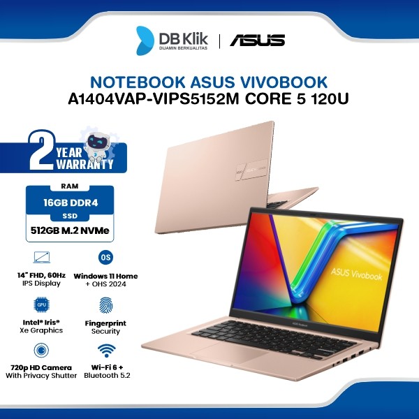 Notebook ASUS Vivobook A1404VAP-VIPS5152M INTEL Core 5 120U 16GB DDR4/512GB M.2 NVMe INTEL Iris Xe Windows 11 Home + Microsoft Office Home Student 2024 14" IPS - Terra Cotta