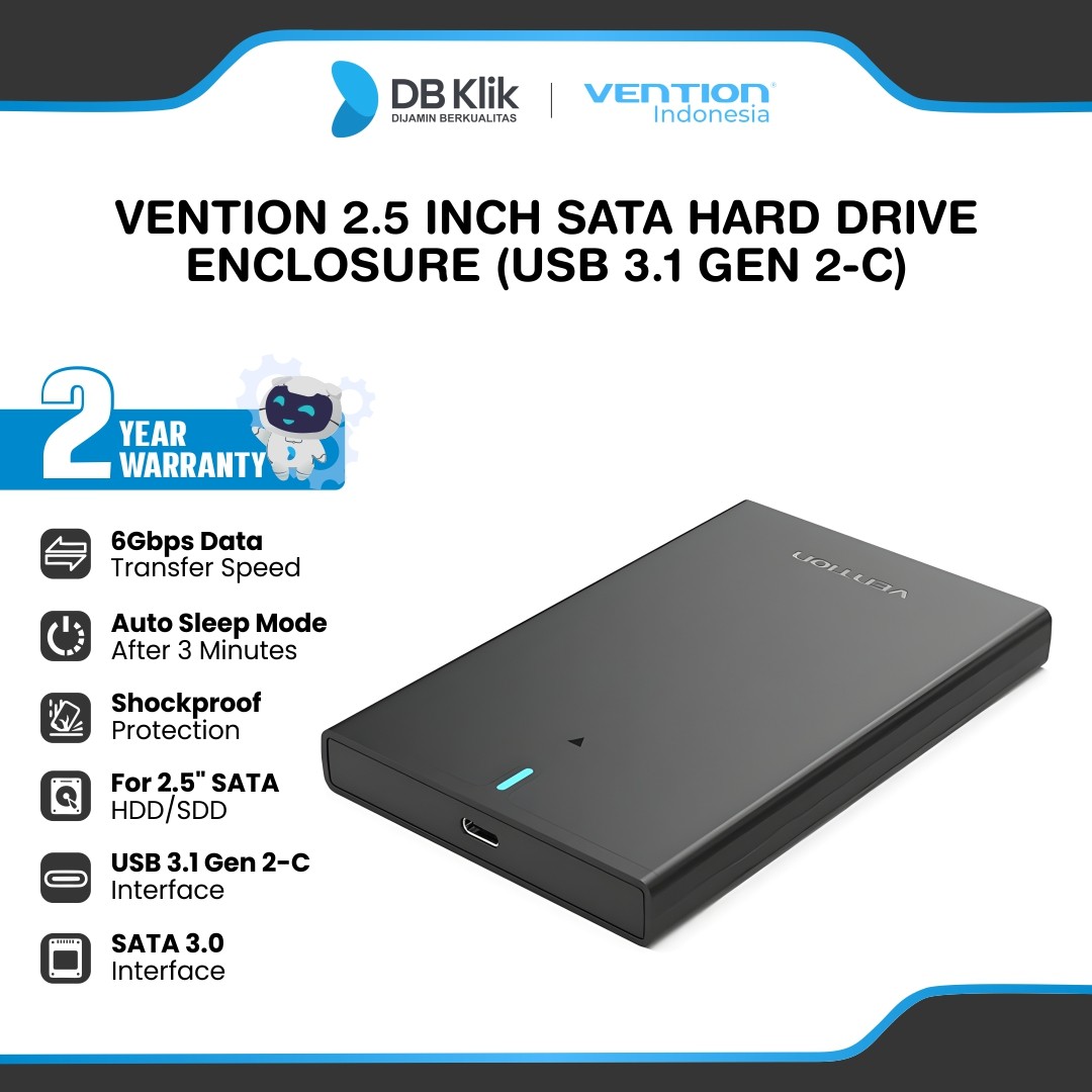 Vention Enclosure 2.5 Inch SATA Hard Drive USB-A 3.1 to USB-C - Black (KPBB0)