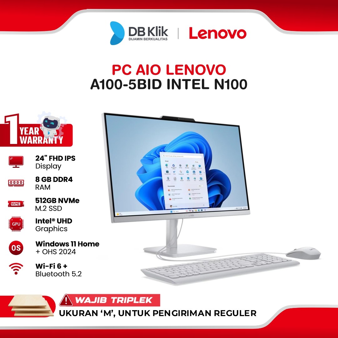 PC AIO Lenovo A100-5BID INTEL N100 8GB DDR4/512GB M.2 NVMe INTEL UHD Windows 11 Home + Office Home Student 2024 24" FHD IPS - Cloud Grey