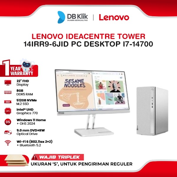 Lenovo IdeaCentre Tower 14IRR9-6JID PC Desktop INTEL Core i7-14700 8GB DDR5/512GB M.2 NVMe INTEL UHD Windows 11 Home + Microsoft Office Home 2024 - Cloud Grey