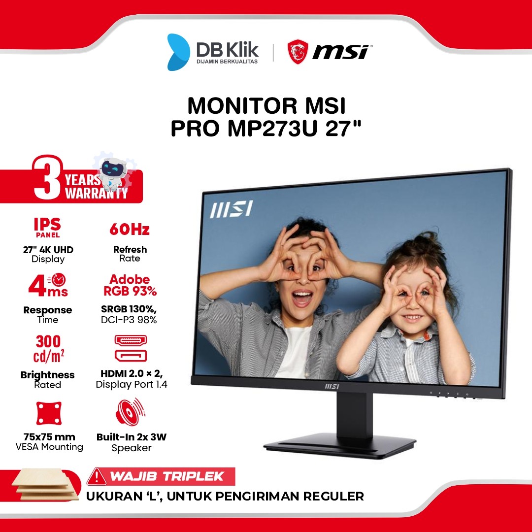 Monitor MSI PRO MP273U 27" 4K UHD IPS 60Hz 4ms Adaptive Sync HDR Ready Built In Speaker HDMI DP