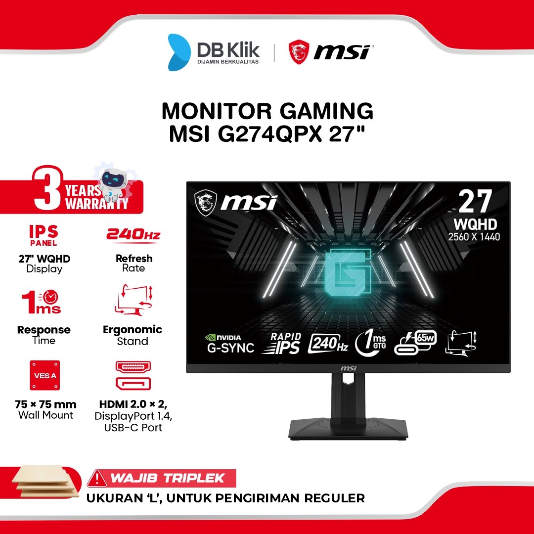 Monitor Gaming MSI G274QPX 27" 2K QHD Rapid IPS 240Hz 1ms NVIDIA G-Sync HDR400 Full Ergonomic Stand HDMI DP USB-C