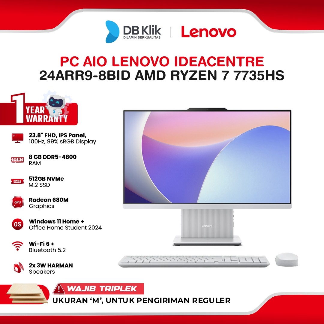 PC AIO Lenovo IdeaCentre 24ARR9-8BID AMD Ryzen 7 7735HS 8GB DDR5/512GB M.2 AMD Radeon 680M Windows 11 Home + Office Home Student 2024 24" FHD IPS - Cloud Grey
