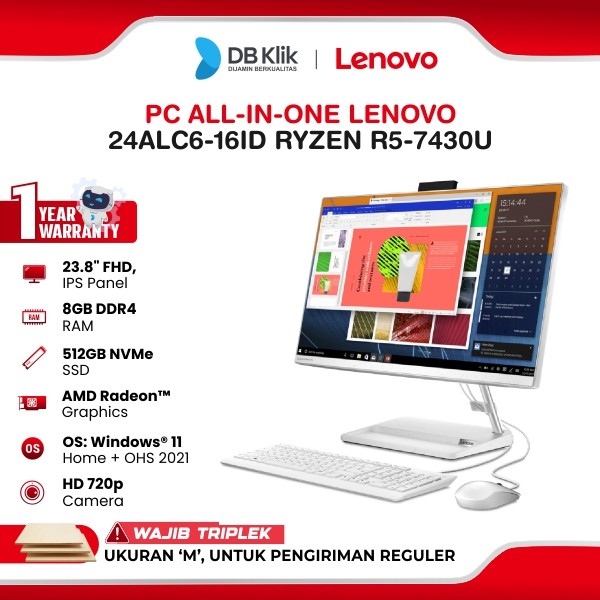 PC AIO Lenovo 24ALC6-16ID AMD Ryzen R5-7430U 8GB/512GB Windows 11 Home + Office Home Student 2021 23,8 Inch FHD IPS - White