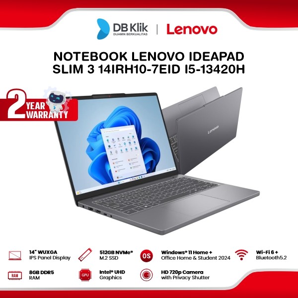Lenovo IdeaPad Slim 3 14IRH10-7EID Notebook Core I5-13420H  8GB DDR5/512GB M.2 NVMe INTEL UHD Windows 11 Home + Office Home Student 2024 14" WUXGA IPS - Luna Grey