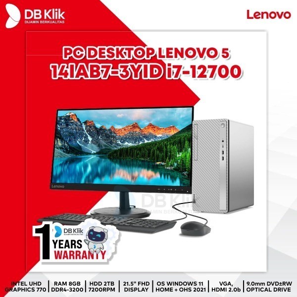 PC Desktop LENOVO IdeaCentre 5 14IAB7-3YID INTEL Core i7-12700 8GB DDR4/HDD 2TB INTEL UHD Windows 11 Home + Microsoft Office Home Student 2021 With Monitor Lenovo L24e-30 24" FHD - Cloud Grey