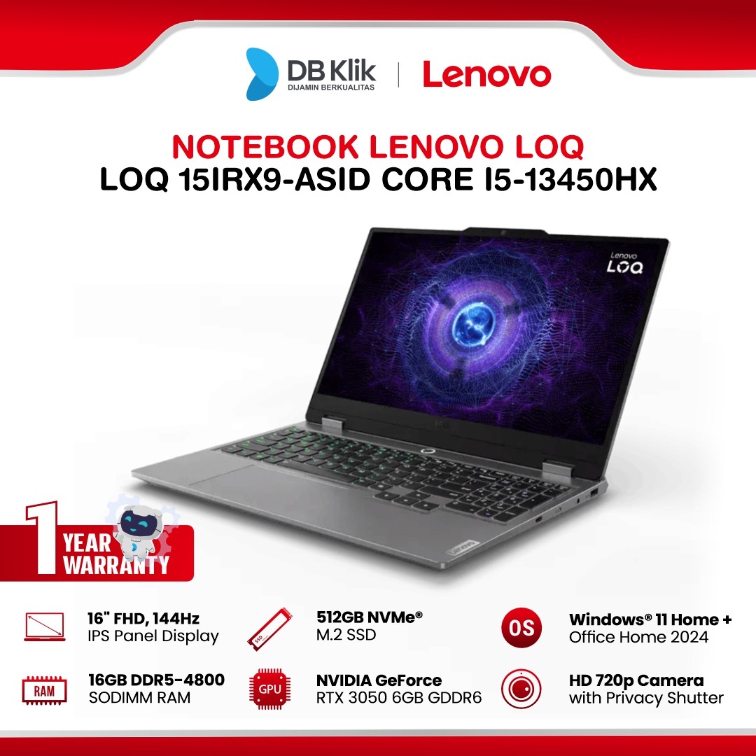 Notebook LENOVO LOQ 15IRX9-ASID INTEL Core I5-13450HX 16GB DDR5/512GB M.2 NVMe RTX 3050 6GB Windows 11 Home + Microsoft Office Home Student 2024 16" FHD IPS