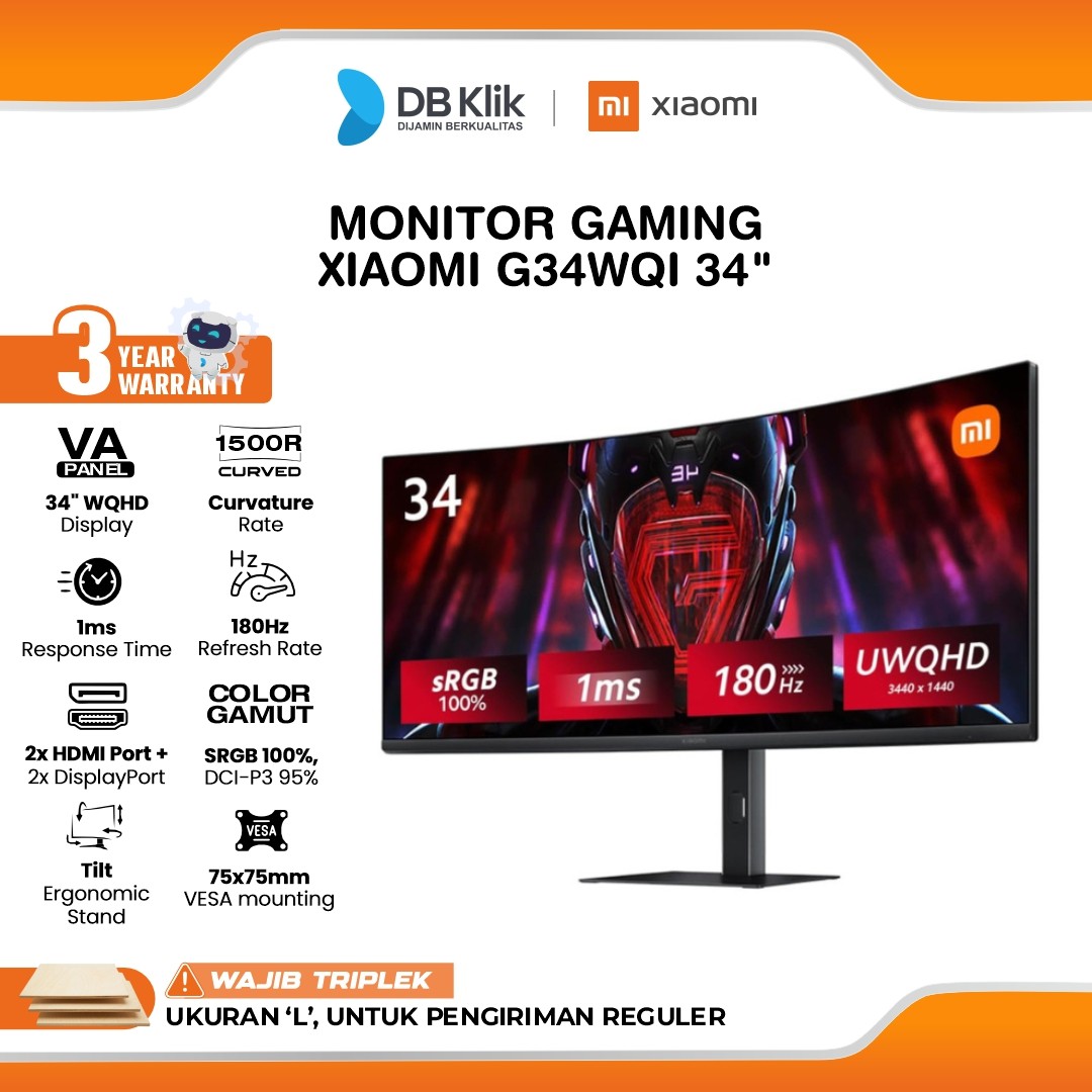 Monitor Gaming XIAOMI G34WQi 34" Curved 1500R 2K UWQHD VA 180Hz 1ms FreeSync Premium Full Ergonomic Stand HDMI DP