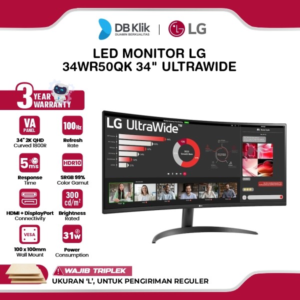 Monitor LG UltraWide 34WR50QK 34" Curved 1800R QHD VA 100Hz 5ms AMD FreeSync HDR10 HDMI DP