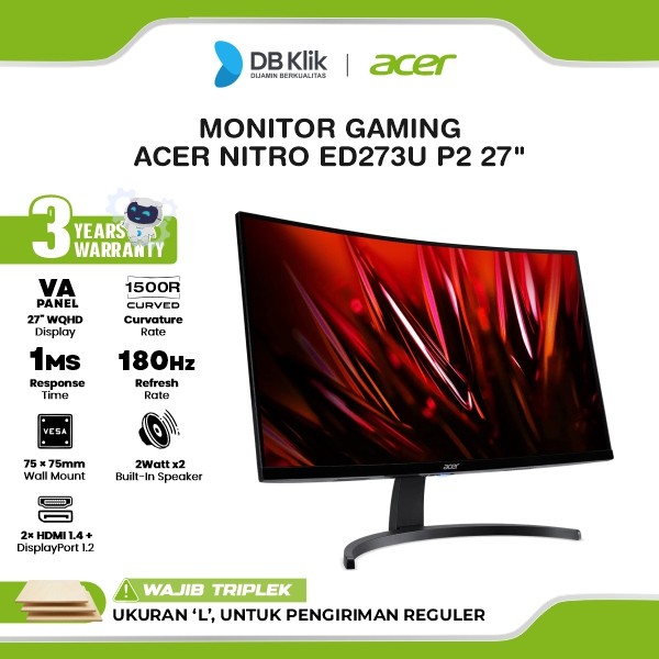 Monitor Gaming ACER Nitro ED273U P2 27" Curved 1500R 2K WQHD VA 180Hz 1ms AMD  FreeSync HDR10 Built in Speaker HDMI DP