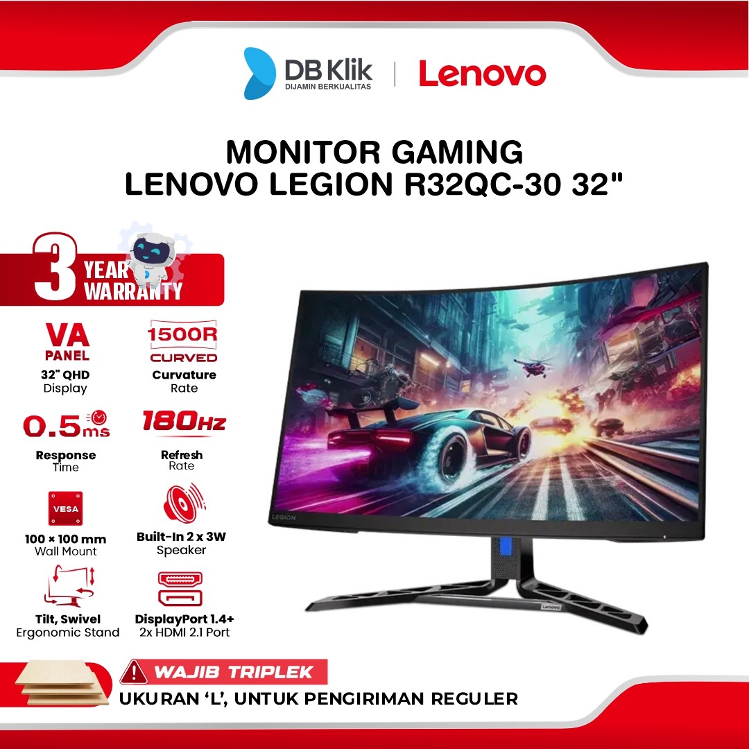 Monitor LED Gaming Lenovo R32QC-30 32" VA 2560x1440 16:9 180Hz Curved 1500R 0.5ms AMD Free Sync Adaptive Sync HDMI DP