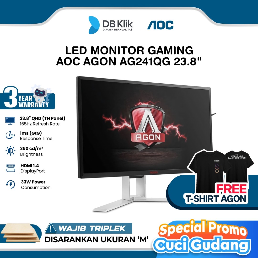 LED Monitor Gaming AOC AGON AG241QG 23.8" 165Hz QHD HDMI Display Port