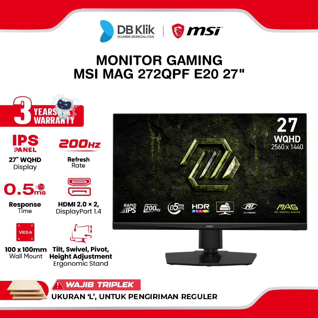 Monitor Gaming MSI MAG 272QPF E20 27" 2K QHD IPS 200Hz 5ms Adaptive Sync HDR Full Ergonomic Stand  HDMI DP