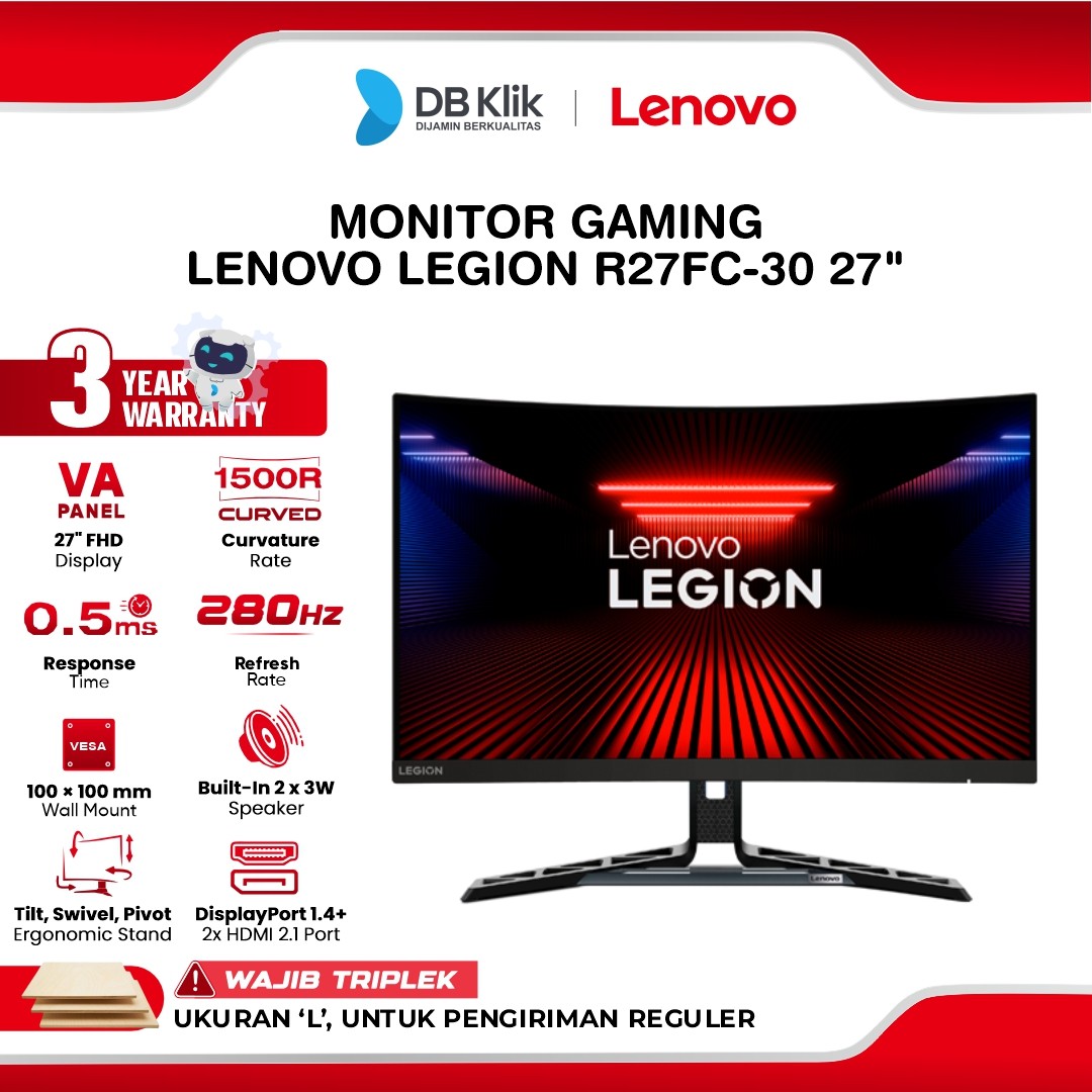 Monitor Gaming LENOVO Legion R27FC-30 27" Curved 1500R FHD VA 280Hz 0,5ms AMD FreeSync Premium Built in Speaker Full Ergonomic Stand HDMI DP