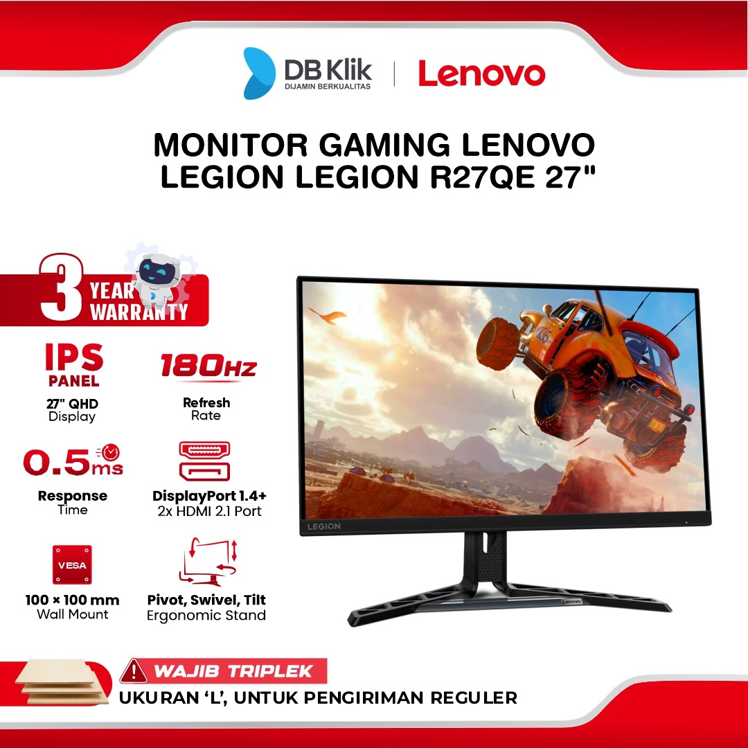 Monitor Gaming LENOVO Legion R27qe/R27qe Gen2 27" IPS QHD 180Hz/200Hz 0.5ms AMD FreeSync HDR400/HDR10 Full Ergonomic Stand HDMI DP