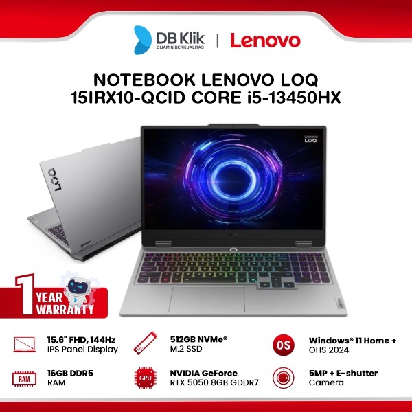 Notebook Lenovo LOQ 15IRX10-QCID INTEL Core i5-13450HX 16GB DDR5/512GB M.2 NVMe NVIDIA GeForce RTX 5050 8GB Windows 11 Home + Office Home Student 2024 15.6" FHD IPS - Luna Grey