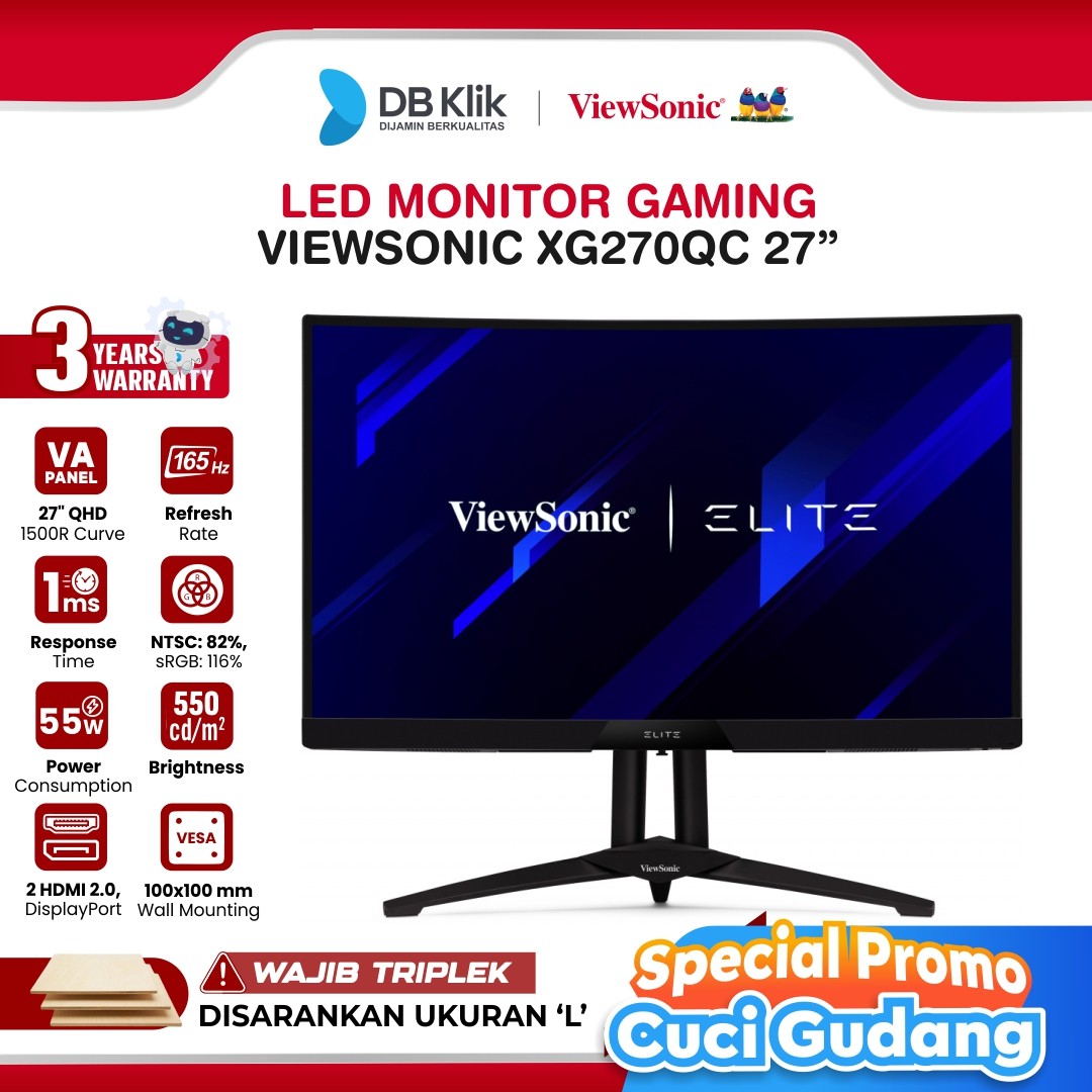 LED Monitor Gaming VIEWSONIC XG270QC 27" 165Hz Curved QHD HDMI DP